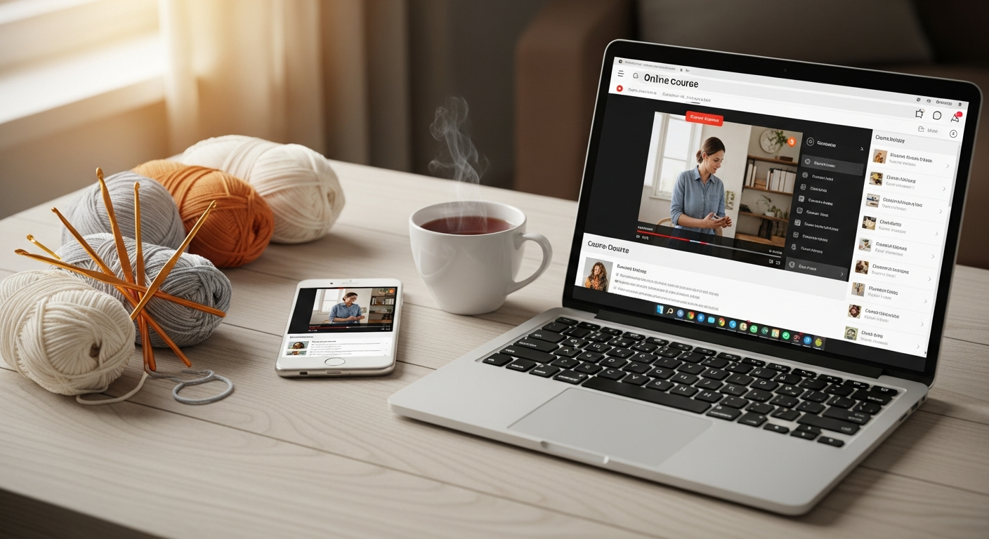 Ноутбук с онлайн-уроком по вязанию рядом с чашкой чая и пряжей
