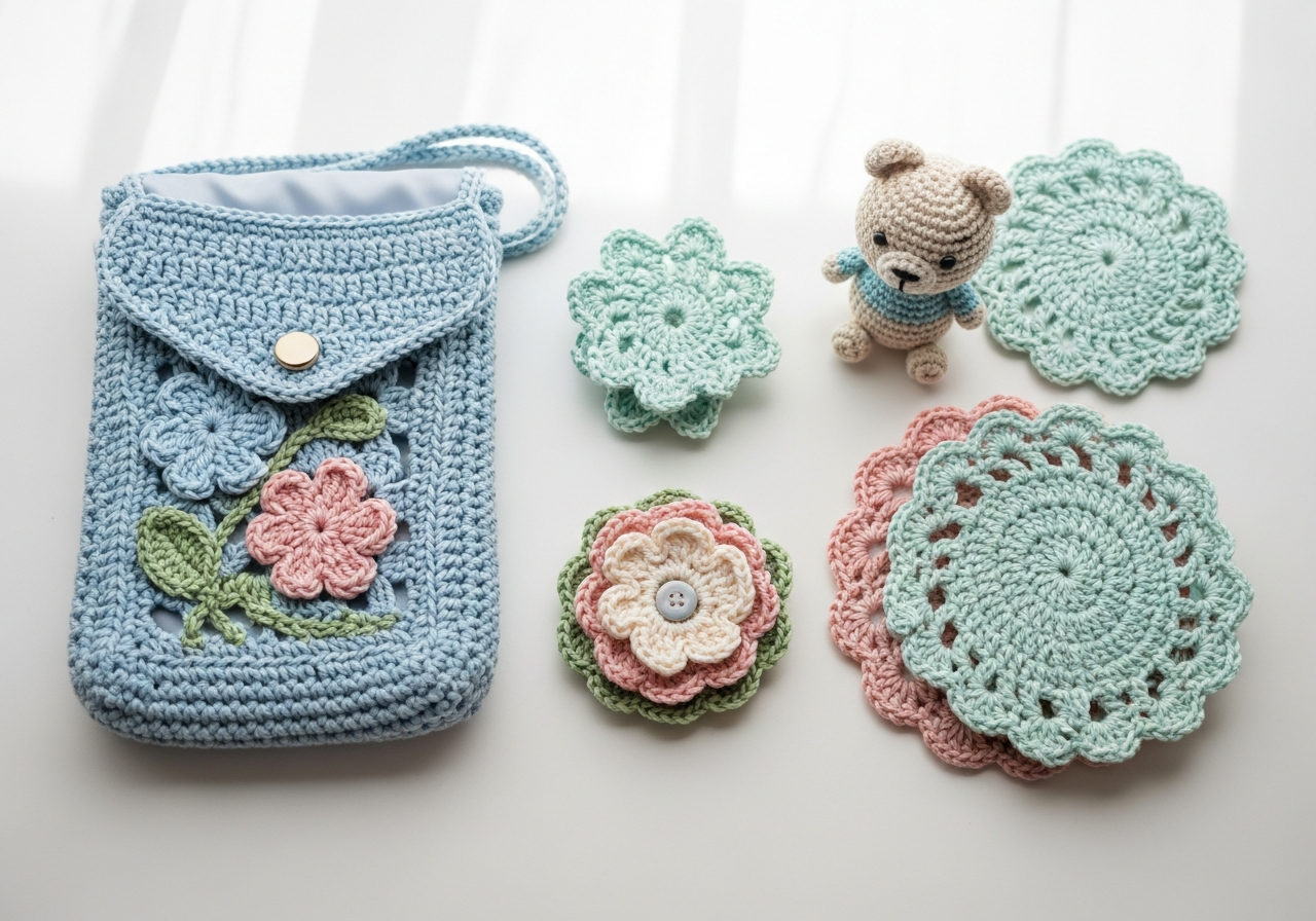 Готовые изделия, связанные на курсе: сумка, игрушка, украшения