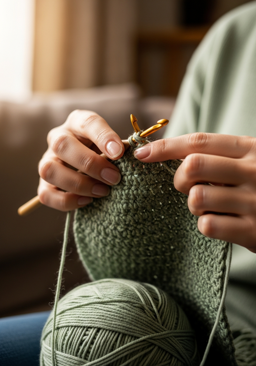 Руки мастера во время вязания крючком